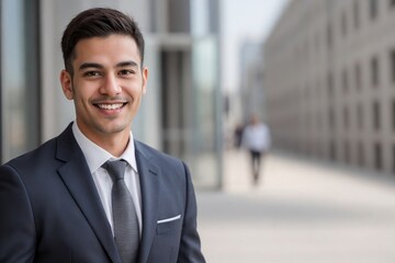 Handsome businessman smiling and looking at the camera against a blurred outside office building background with copy space.