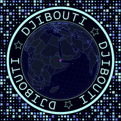 Fototapete - Djibouti on globe vector. Futuristic satelite view of the world centered to Djibouti. Geographical illustration with shape of country and squares background. Bright neon colors on dark background.