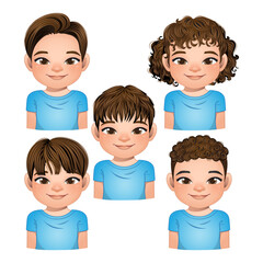 Wall Mural - Set of hairstyle for boys, boys faces, avatars, brown hair kid heads different hairstyle vector