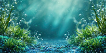 Submerged Green Seaweed, Kelp, Algae, Seagrass Within Blue Water Backdrop, With Scattered Bubbles. Underwater Flora Serving As Visual Narrative For Subaquatic, Intertidal Biodiversity.. Card, Banner.