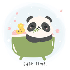  Adorable Cartoon Panda in bathtub with duck. Nursery kid illustration hand drawing.