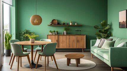 Wall Mural - Modern living room in Scandinavian, mid-century design featuring mint-colored chairs around, Mint color chairs at round wooden dining table in room with sofa and cabinet near green wall, Ai