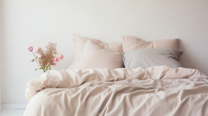 Wall Mural - Grey and blue bedding on bed in spacious bedroom interior with ladder and plant, Pastel beige and grey bedding on bed, Ai generated image 