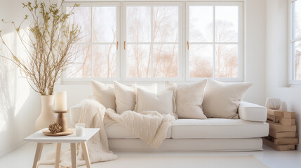 Wall Mural - Cream color sofa with many pillows near wooden paneling wall with shelves. Scandinavian interior, White cushions and cream color blanket on white sofa against of window, Ai generated image