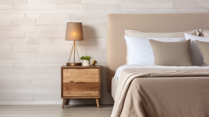 Wall Mural - Modern living room,  Wooden bedside drawer nightstand near bed with beige fabric headboard, Ai generated image
