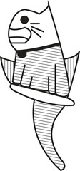 Fototapete - Black and white line art vector illustration of a uniquely designed dot character—Bell-Adorned Cat: Sitting on a Tree with its Tail Playfully Waving, formed from random dots