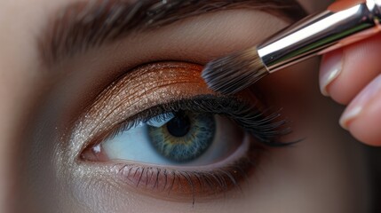 Wall Mural - Close up of a makeup artist applying eyes shadows makeup with a brush to a model. Beauty industry