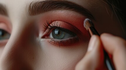 Wall Mural - Close up of a makeup artist applying eyes shadows makeup with a brush to a model. Beauty industry