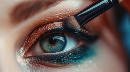 Wall Mural - Close up of a makeup artist applying eyes shadows makeup with a brush to a model. Beauty industry