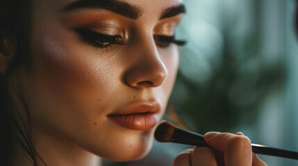 Wall Mural - Close up of a makeup artist applying makeup with a brush to a model. Beauty industry