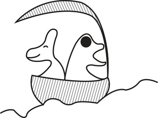 Fototapete - Black and white line art vector illustration of a uniquely designed dot character—Dinosaur Duo on Leafy Adventure: One Joyful, One Fearful as They Sail on a Boat, formed from random dots