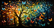 A Painting Of A Tree Butterflies And Sun