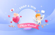 Happy Valentine’s Day snap and win photo contest background with cupid angel with smartphone, love heart and gradient blue background. Promotion and shopping template for love and valentine’s day conc