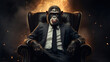 Chimpanzee in Suit on Fiery Throne