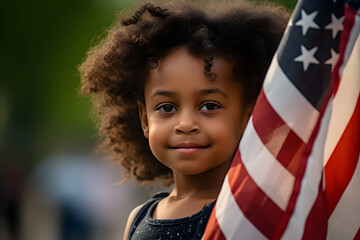 portrait of african american child holding american flag in park