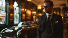 A Stylish Man Of The 20th Century, Dressed In An Old-fashioned Suit, Stands Near A Rare Classic Car, Dark Rain Style