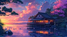A Beautiful Japanese House At Sea Water In The Late Evening. Anime Cartoonish Hardstyle. Cozy Lo-fi Asian Architecture. Sunrise In The Morning