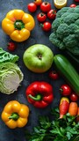 Fototapeta Kuchnia - Top view vegetables and fruits zucchini bell peppy. Ai generative
