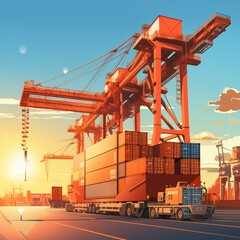 Crane loading cargo containers into import container ships in an international terminal, Logistic seaport concept of freight shipping by ship, Truck running under the Big Crane transport trade.