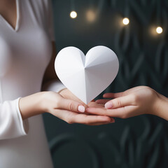 Woman hands holding whit paper heart shape for Happiness moment, Health care, donate, Anniversary, Valentine's day, Hope and family insurance concept, World heart day, world health day, Generative AI.