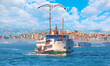 Sea voyage with old ferry (steamboat) in the Bosporus - Galata Tower, Galata Bridge, Karakoy district and Golden Horn, istanbul 