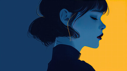 Stylish young lady with simple color background. Modern minimalism, Oriental minimalism, Simplicity, clear illustration. 