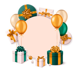 Wall Mural - Realistic gift round frame background with gift boxes and balloons