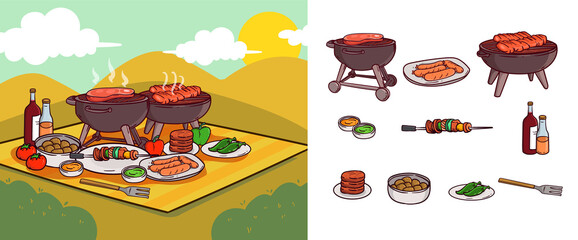 Canvas Print - BBQ party illustration and icons in hand drawn design