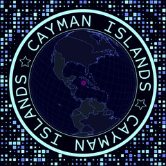 Fototapete - Cayman on globe vector. Futuristic satelite view of the world centered to Cayman. Geographical illustration with shape of country and squares background. Bright neon colors on dark background.