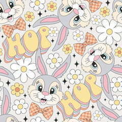 Sticker - Groovy cute catroon bunny portrait with a bow tie floral vector seamless pattern. Happy Easter holiday background.