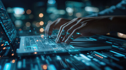 Close-up of a person's hands typing on a laptop keyboard, with the screen displaying futuristic digital data graphics