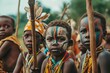 Candid photo of young people and kids from a African tribe half naked with cultural tattoos make-up, cosmetics and wooden stone spear weapon. ethnic groups of Africa