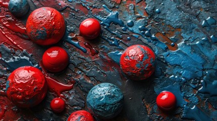 Canvas Print - A bunch of red and blue balls are on a table in liquid paint, AI