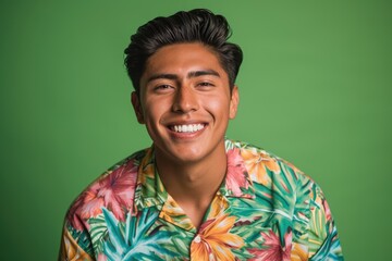 Wall Mural - Playful studio portrait of a young Latino man with a bright smile, wearing a colorful Hawaiian shirt, isolated on a green background