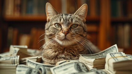 Wall Mural - Rich successful cat with cash money.