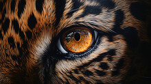 The Eyes Of A Leopard, In The Style Of Photorealistic Detail, Dark Orange, Birds-eye-view, Macro Zoom, Realistic Trompe-l'oeil, Balinese Art, Rim Light

