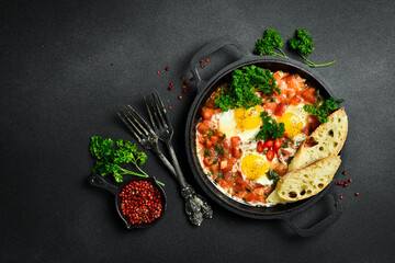 Wall Mural - Tasty Breakfast Shakshuka in an Iron Pan. Fried eggs with tomatoes. On a black stone background.