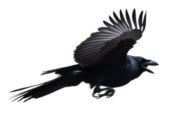 Wall Mural - a high quality stock photograph of a single flying spread winged crow isolated on a transparant or white background