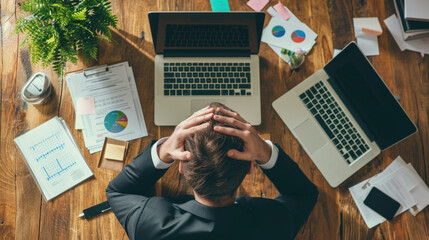 Wall Mural - Overhead view of a person in a business suit sitting at a wooden desk, appearing stressed or thoughtful, with hands on their head and surrounded by an open laptop