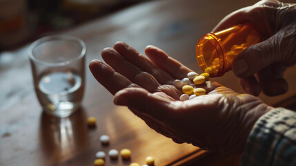 Close-up of someone pouring a variety of pills from a prescription bottle into their hand