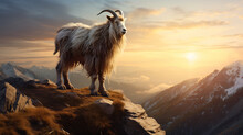 A Goat Stands On Top Of A Mountain While The Sun Goes Down, In The Style Of Photo-realistic Landscapes, Baroque Animals, Wimmelbilder, Dau Al Set, 3840x2160, Hellish Background, Soviet


