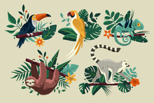 Flat Exotic Flora And Fauna Original Wild Animals And Tropical Plants Collection