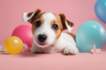 Wall Mural - Creative animal concept. Jack Russel Terrier dog puppy peeking over pastel bright background. advertisement, banner, card. copy text space. birthday party invite invitation