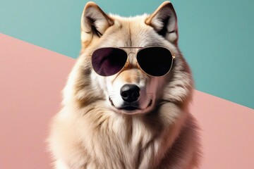 Wall Mural - Creative animal concept. Wolf in sunglass shade glasses isolated on solid pastel background, commercial, editorial advertisement, surreal surrealism