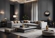 Gray fabric sofa and marble stone coffee table Hollywood regency style interior design of modern liv