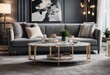 Gray fabric sofa and marble stone coffee table Hollywood regency style interior design of modern liv