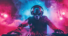 Man With Alien Mask Standing And Making Musical Mix With Special Equipment And Working As Dj In Night Club At Party