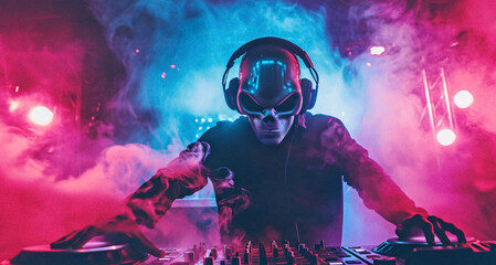 Wall Mural - man with alien mask standing and making musical mix with special equipment and working as dj in night club at party