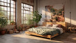 habitación espaciosa decorada con cama de madera central, gran cuadro sobre cabecero, mesitas, tiestos con plantas y grandes ventanales con vistas