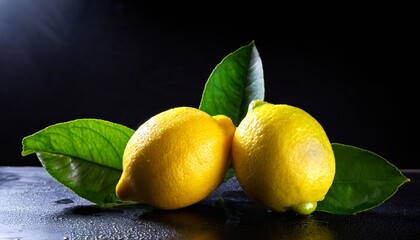 two fresh lemons with green leaves on a wooden table